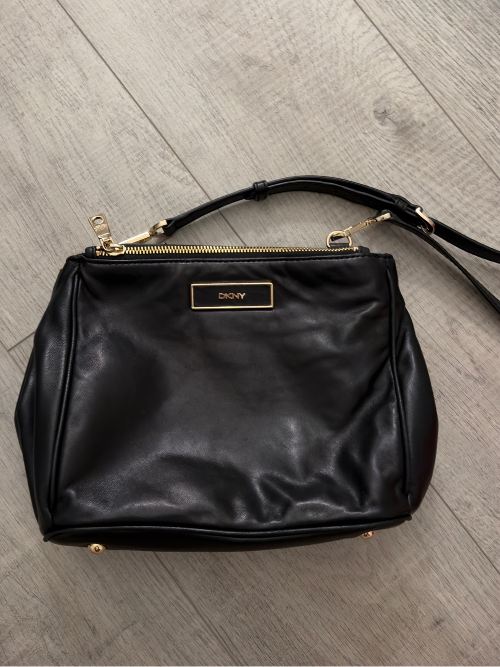 DKNY Black Leather Shoulder Bag with Gold Accents